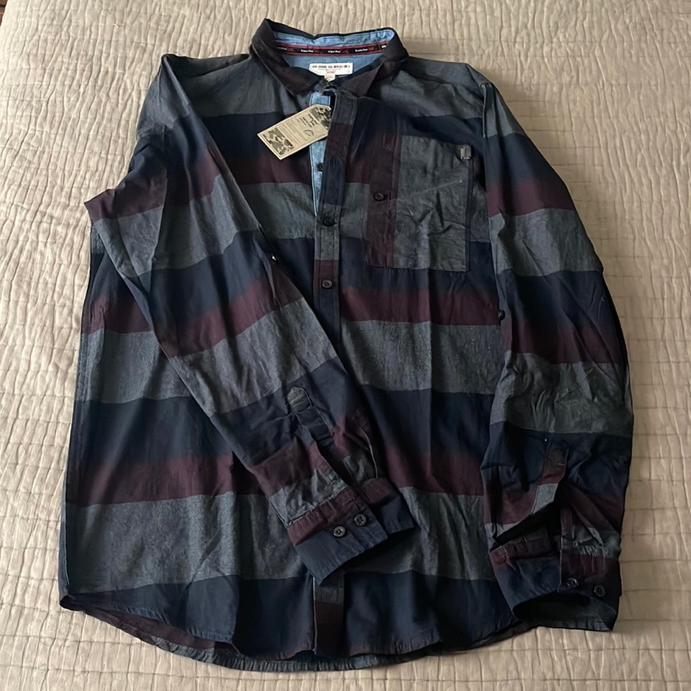 Triple Five. Long sleeve casual button up. Colors: black grey, purple